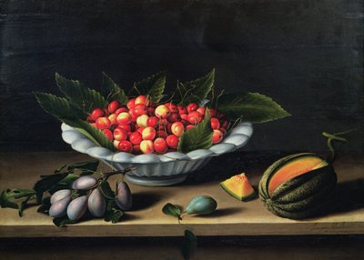 A Bowl of Cherries with Plums and a Melon, 1635 by Louise Moillon